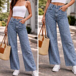 Express High Rise Wide Leg Distressed Textured Denim Jeans Raw Hem 14R